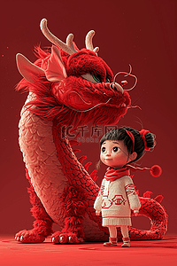 卡通的小女孩背景图片_龙年3d立体卡通毛毡插画新年素材