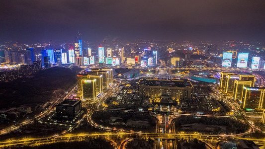 济南城市商务区天际线夜景航拍实拍