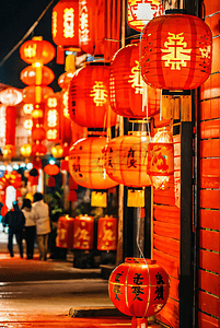 春节街道挂着红灯笼夜景摄影图片3