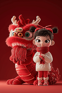 小女孩中国背景图片_龙年3d立体卡通毛毡新年插画设计