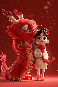 卡通小女孩插画背景图片_插画新年龙年3d立体卡通毛毡设计图