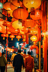 春节街道挂着红灯笼夜景摄影图