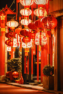 春节街道挂着红灯笼夜景摄影照片0