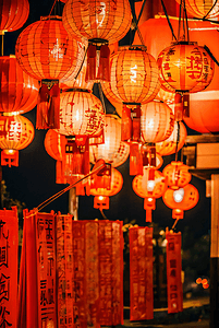 春节街道挂着红灯笼夜景摄影配图3