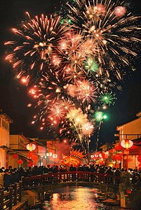 春节夜晚户外放烟花摄影图3