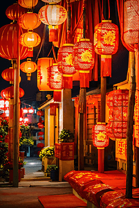 春节街道上挂的红色灯笼摄影图