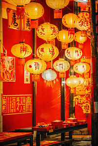 春节街道挂着红灯笼夜景摄影配图9