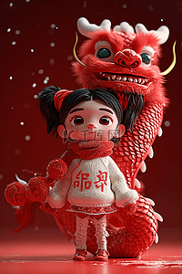 卡通小女孩插画背景图片_新年龙年3d卡通立体毛毡插画设计