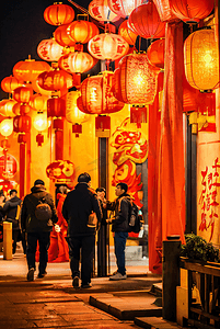 春节街道挂着红灯笼夜景摄影图片6