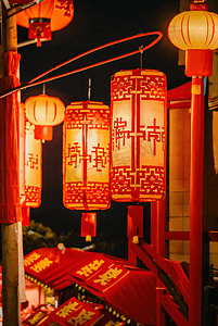 春节街道挂着红灯笼夜景摄影图片7