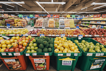 超市里摆满蔬菜水果的货架摄影图