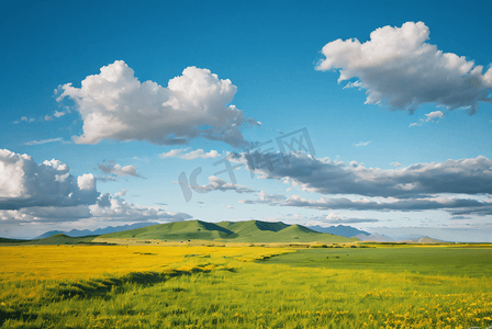 春季蓝天白云下的草原摄影照片7