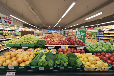 新鲜蔬菜水果摆在货架上摄影照片3