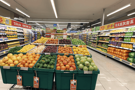 水果货架摄影照片_超市货架上的新鲜蔬菜水果摄影图5