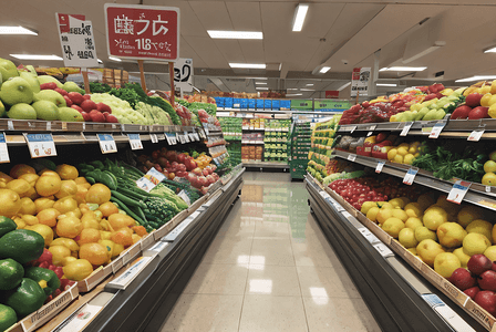 水果货架摄影照片_超市货架上的新鲜蔬菜水果摄影图2