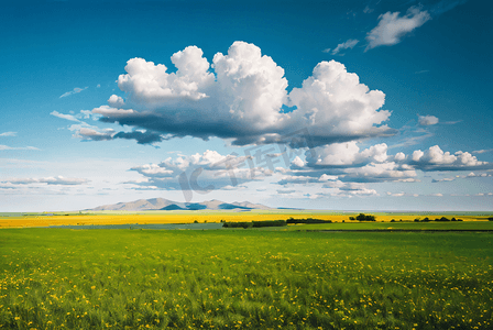 春日蓝天白云下的草原摄影图2
