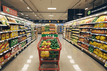 水果货架摄影照片_超市里摆满蔬菜水果的货架摄影图2
