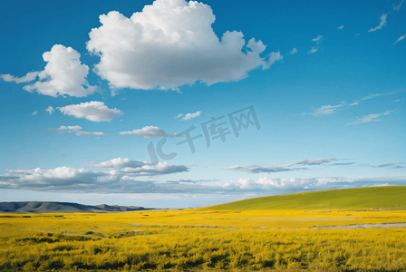 春季蓝天白云下的草原摄影照片0