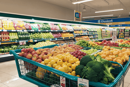 新鲜蔬菜水果摆在货架上摄影配图1