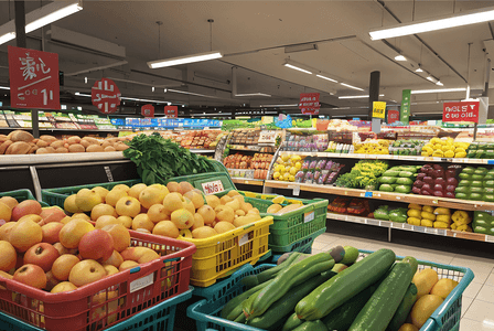 超市货架上的水果蔬菜摄影配图0
