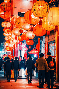 灯笼底纹圆摄影照片_过年夜晚挂上喜庆灯笼摄影图9