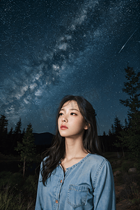 星空女孩摄影照片_夜晚星空下的女孩摄影图