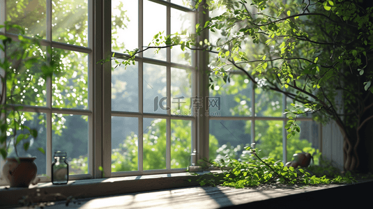 窗台背景图片_绿色花卉破旧窗台简约背景图2