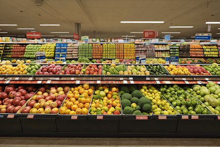 水果超市摄影照片_超市货架上整齐的商品摄影配图3
