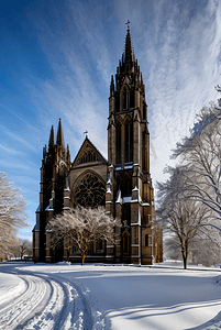 寒冷冬季教堂雪景图4高清摄影图