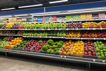 超市果蔬区放着的新鲜水果蔬菜摄像图高清图片