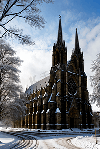 寒冷冬季户外教堂雪景图高清图片