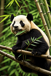 黑白动物摄影照片_正在吃竹子的可爱熊猫图摄影配图