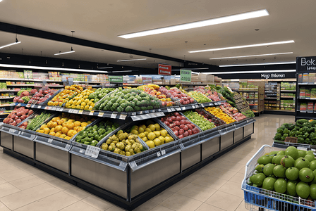 超市果蔬区放着的新鲜水果蔬菜摄像图1高清摄影图