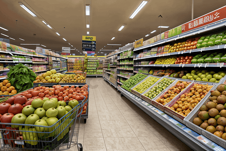 超市果蔬区放着的新鲜水果蔬菜摄像图3高清图片