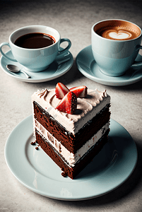 咖啡奶茶蛋糕摄影照片_桌子上摆放的巧克力蛋糕和咖啡图片 3