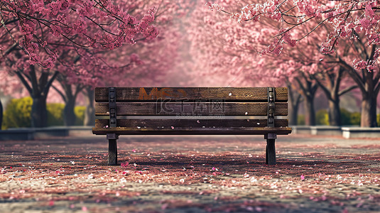 粉色的樱花树背景图片_樱花树下的木椅子背景