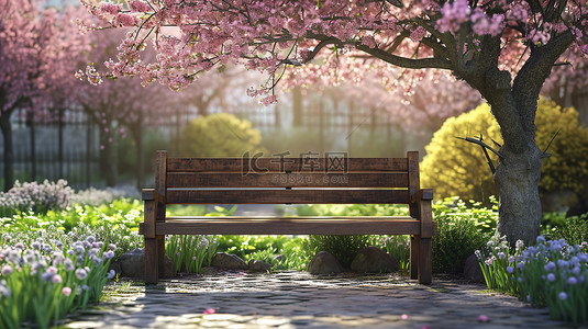 粉色的樱花树背景图片_樱花树下的木椅子背景