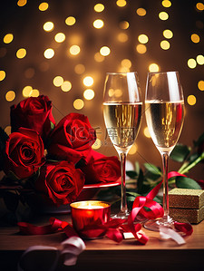 庆祝情人节背景图片_玫瑰和香槟庆祝情人节背景图