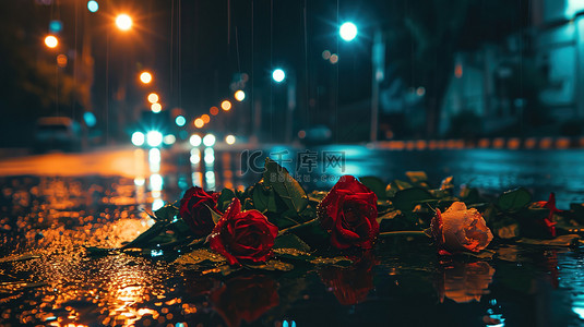 下雨图片背景图片_雨天地上的玫瑰花背景图片