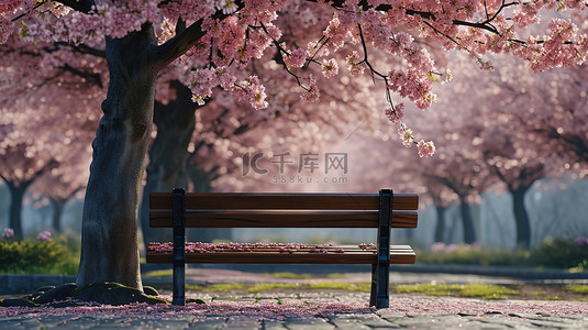 樱花树下的木椅子背景图