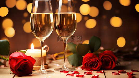 玫瑰和香槟庆祝情人节背景图片