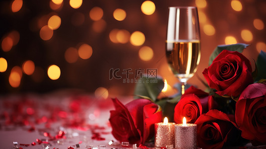 玫瑰和香槟庆祝情人节背景图
