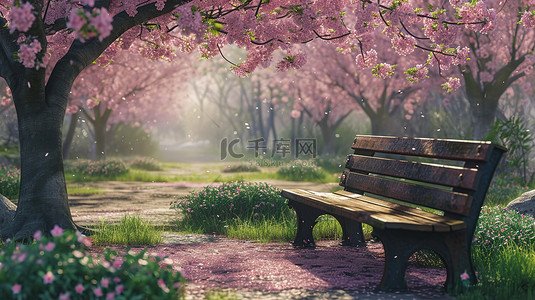 樱花树下的木椅子背景素材