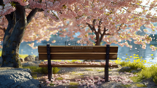 粉色的樱花树背景图片_樱花树下的木椅子设计图