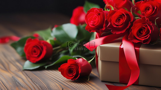 红玫瑰和木桌上的丝带礼物背景图