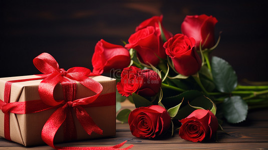 节日礼物素材背景图片_红玫瑰和木桌上的丝带礼物素材