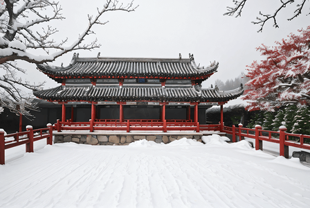 下雪梅花摄影照片_寒冷冬季庭院雪景图6摄影图