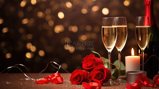 玫瑰和香槟庆祝情人节设计
