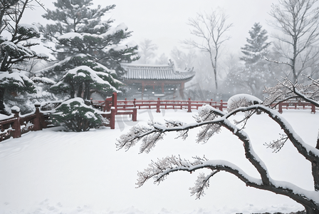 寒冷冬季庭院雪景图高清摄影图