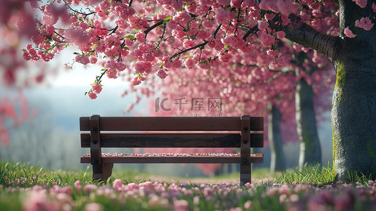 粉色的樱花树背景图片_樱花树下的木椅子图片